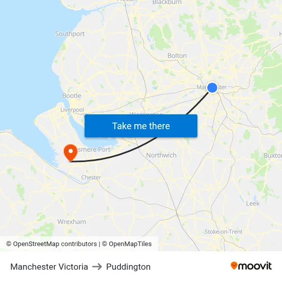 Manchester Victoria to Puddington map