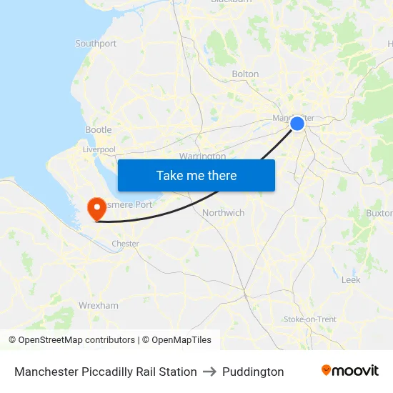 Manchester Piccadilly Rail Station to Puddington map