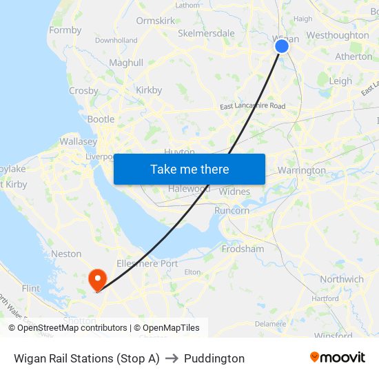 Wigan Rail Stations (Stop A) to Puddington map