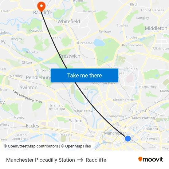 Manchester Piccadilly Station to Radcliffe map