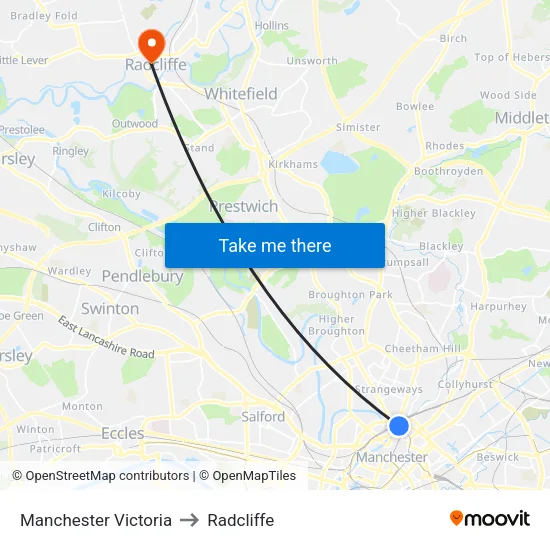Manchester Victoria to Radcliffe map