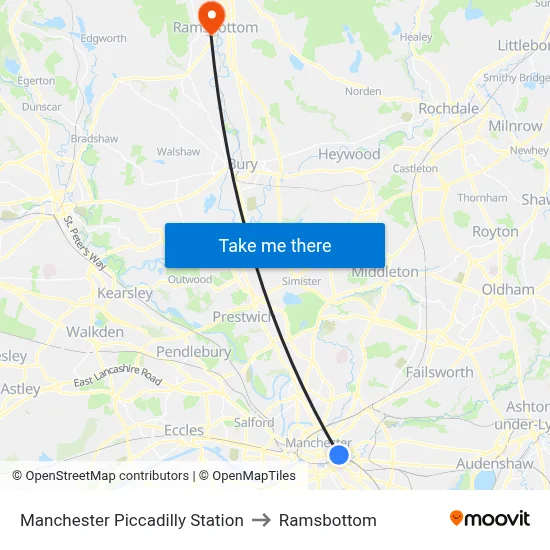 Manchester Piccadilly Station to Ramsbottom map