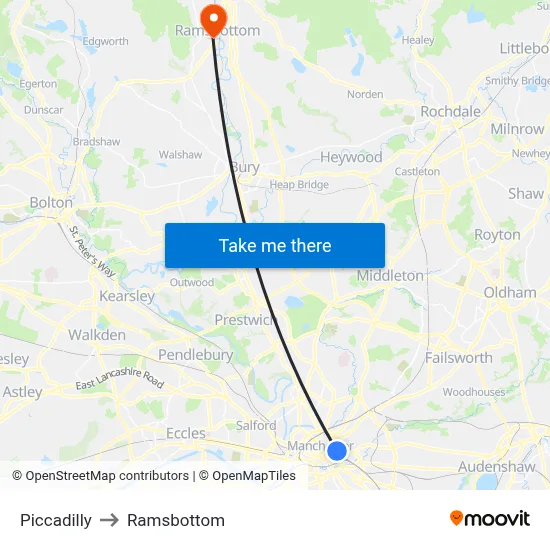 Piccadilly to Ramsbottom map