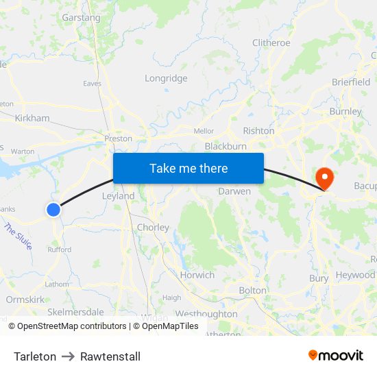 Tarleton to Rawtenstall map