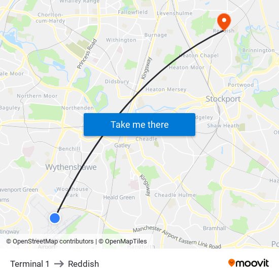 Terminal 1 to Reddish map