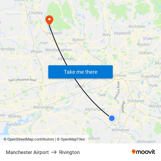 Manchester Airport to Rivington map