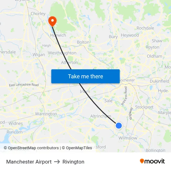 Manchester Airport to Rivington map