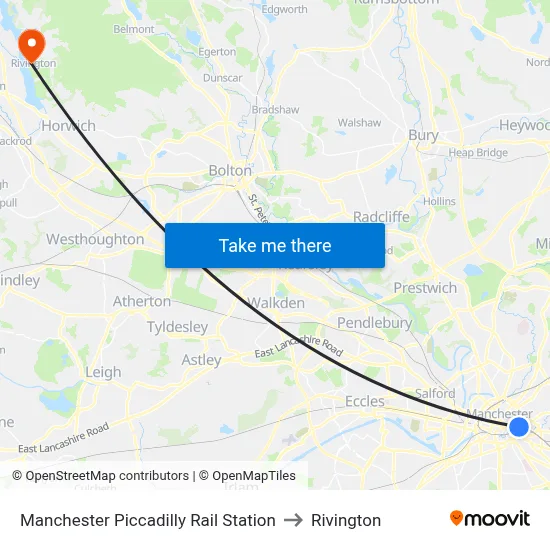 Manchester Piccadilly Rail Station to Rivington map