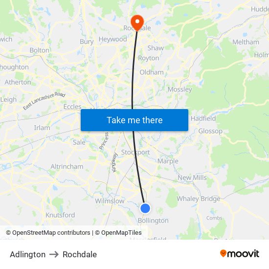 Adlington to Rochdale map