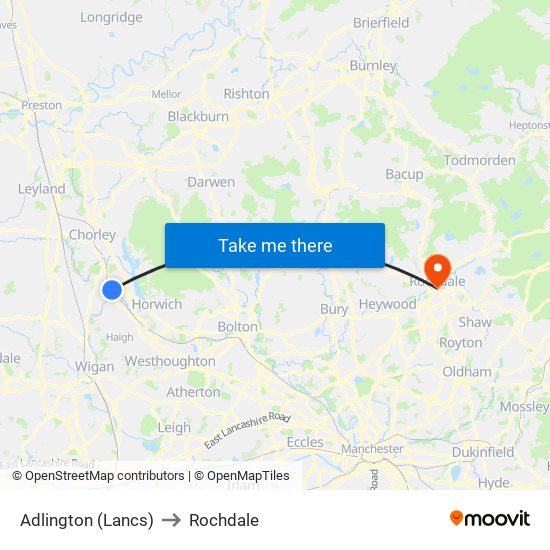 Adlington (Lancs) to Rochdale map