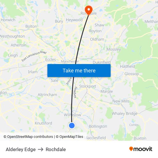 Alderley Edge to Rochdale map