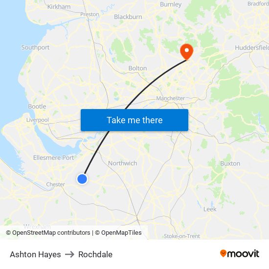 Ashton Hayes to Rochdale map