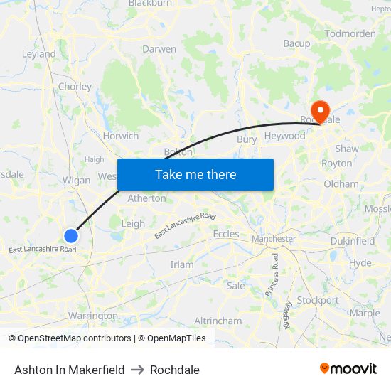 Ashton In Makerfield to Rochdale map