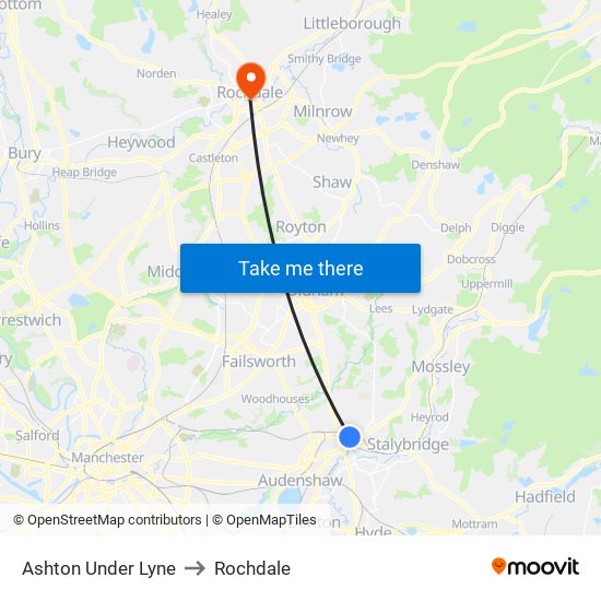 Ashton Under Lyne to Rochdale map