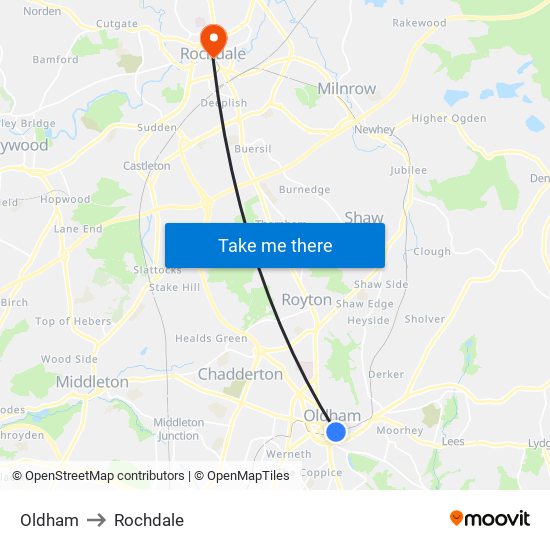 Oldham to Rochdale map