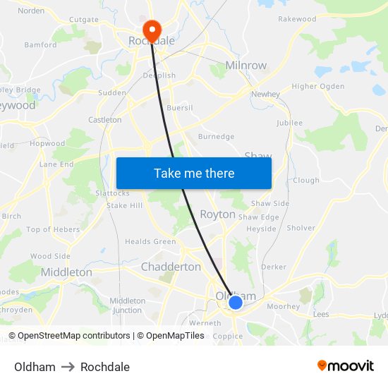 Oldham to Rochdale map