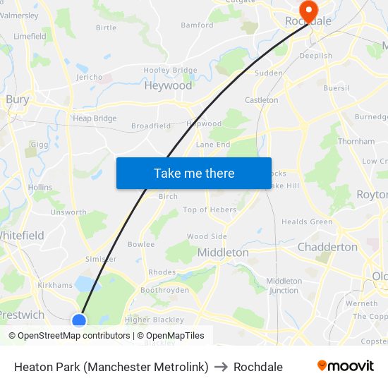 Heaton Park (Manchester Metrolink) to Rochdale map