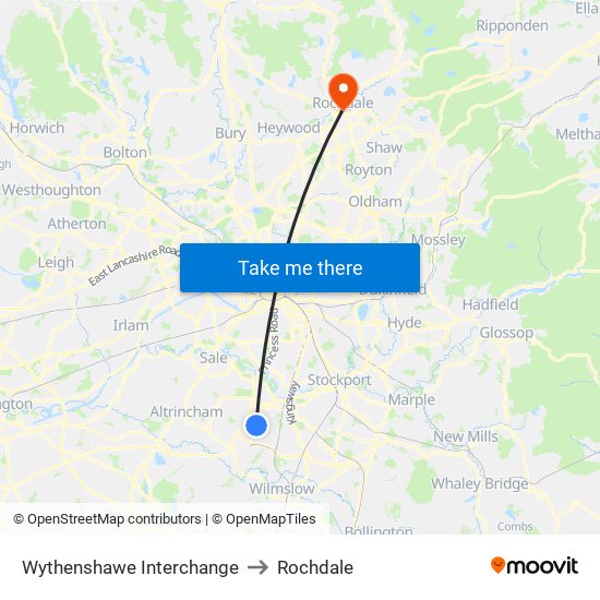 Wythenshawe Interchange to Rochdale map