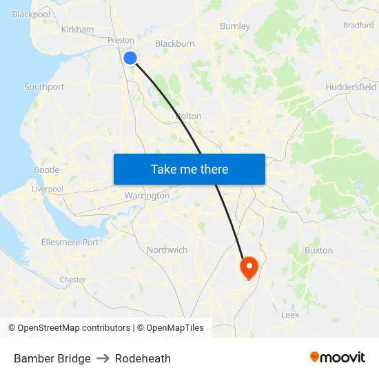 Bamber Bridge to Rodeheath map