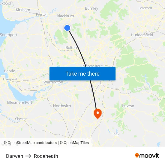 Darwen to Rodeheath map