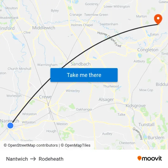 Nantwich to Rodeheath map