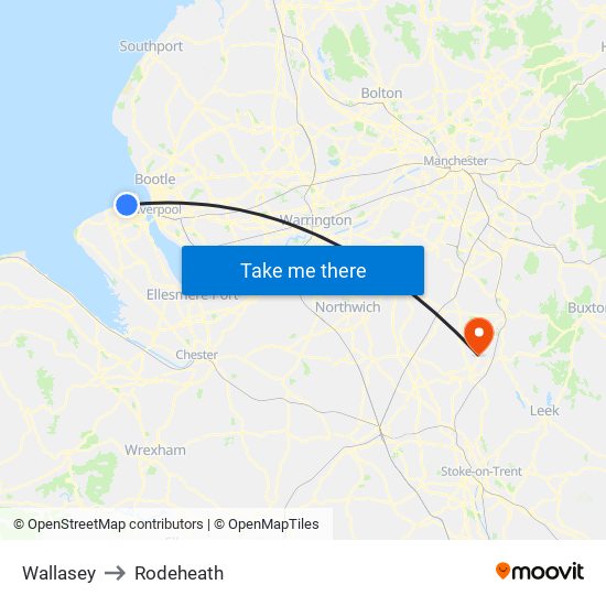 Wallasey to Rodeheath map