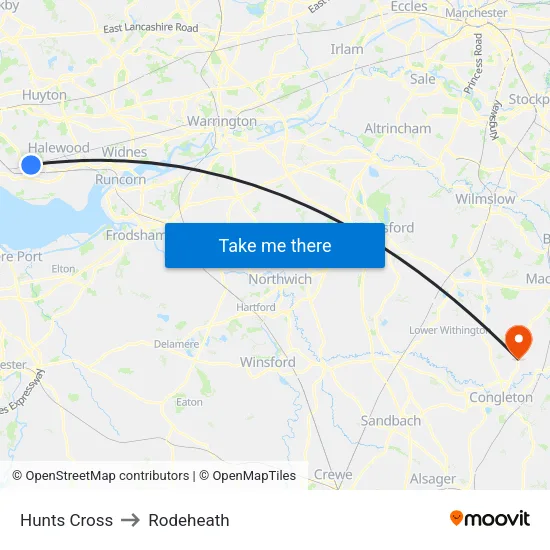 Hunts Cross to Rodeheath map