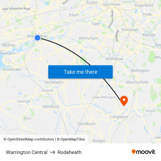 Warrington Central to Rodeheath map