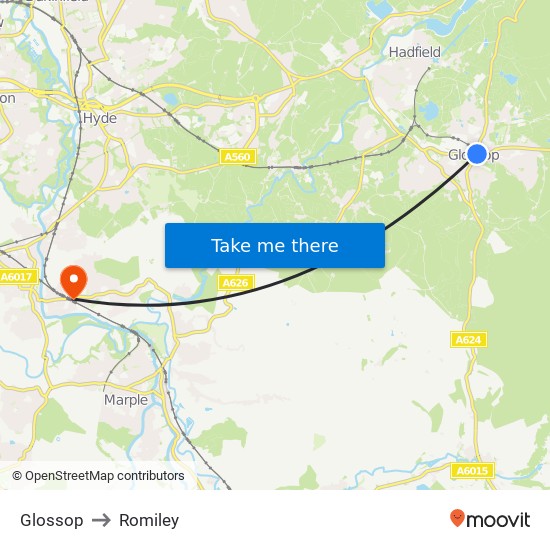 Glossop to Romiley map