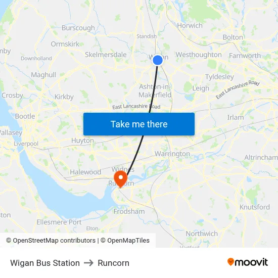 Wigan Bus Station to Runcorn map