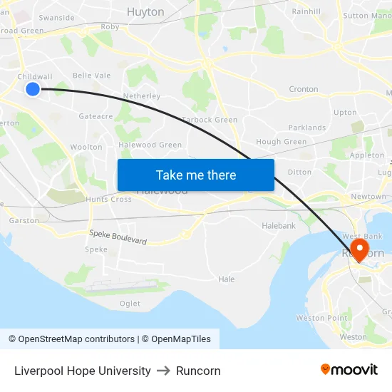 Liverpool Hope University to Runcorn map