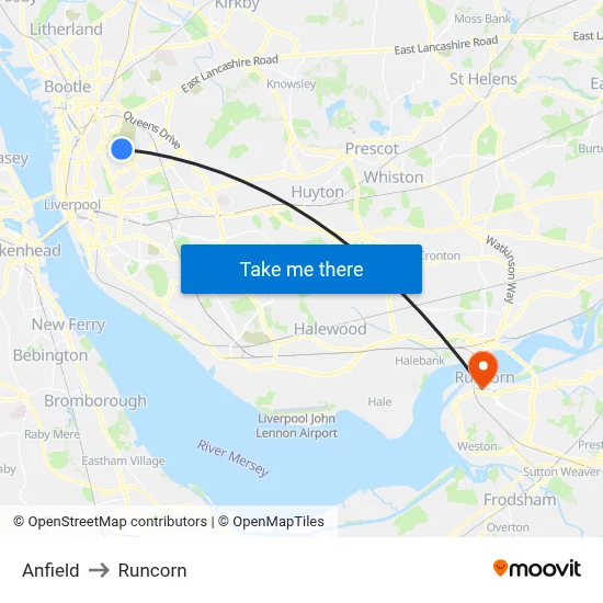Anfield to Runcorn map