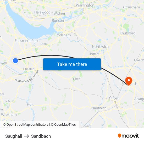 Saughall to Sandbach map