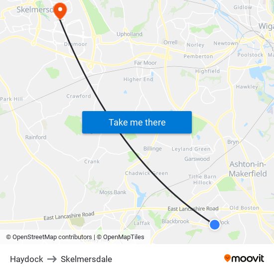 Haydock to Skelmersdale map