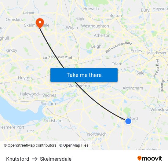 Knutsford to Skelmersdale map