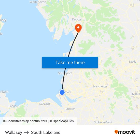 Wallasey to South Lakeland map