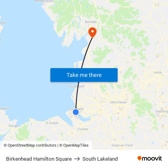 Birkenhead Hamilton Square to South Lakeland map