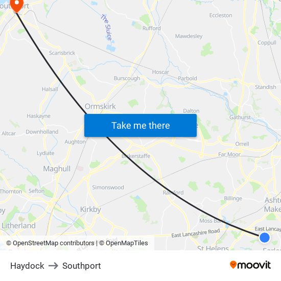 Haydock to Southport map