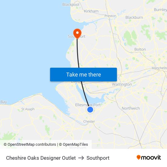 Cheshire Oaks Designer Outlet to Southport map
