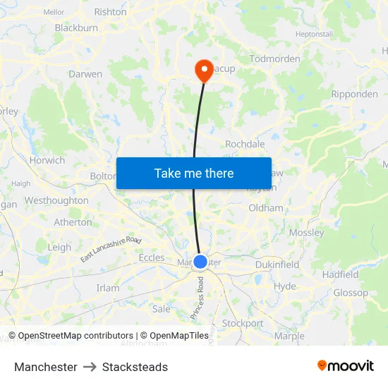 Manchester to Stacksteads map