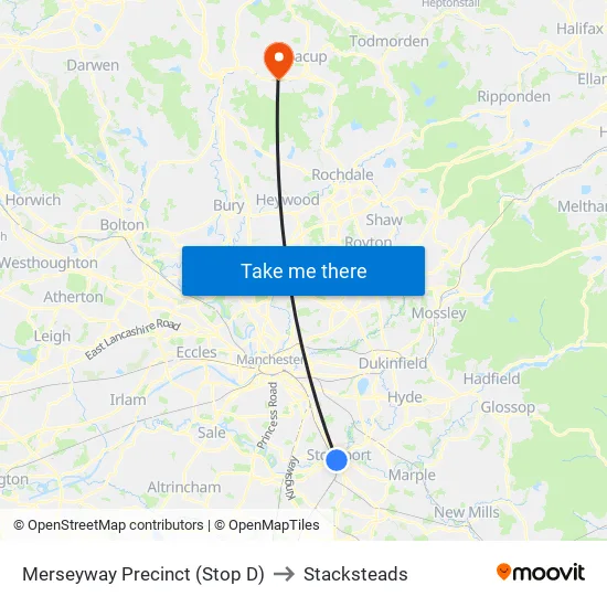 Merseyway Precinct (Stop D) to Stacksteads map