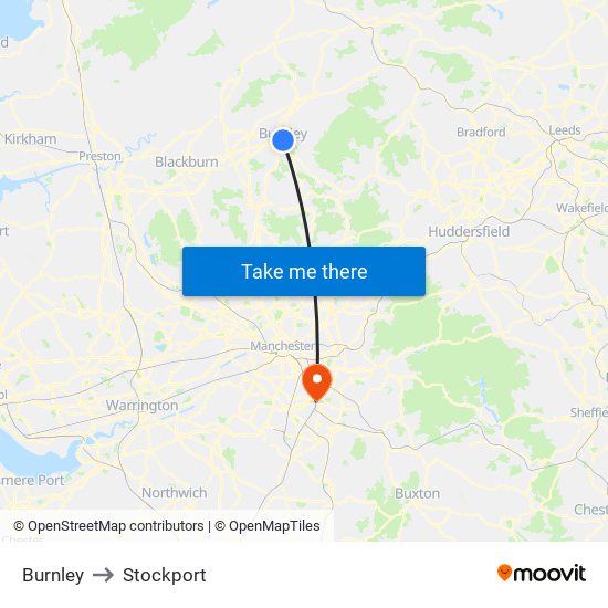 Burnley to Stockport map