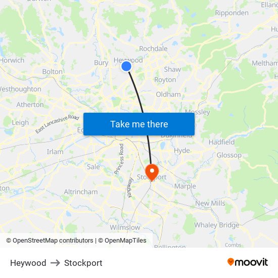 Heywood to Stockport map