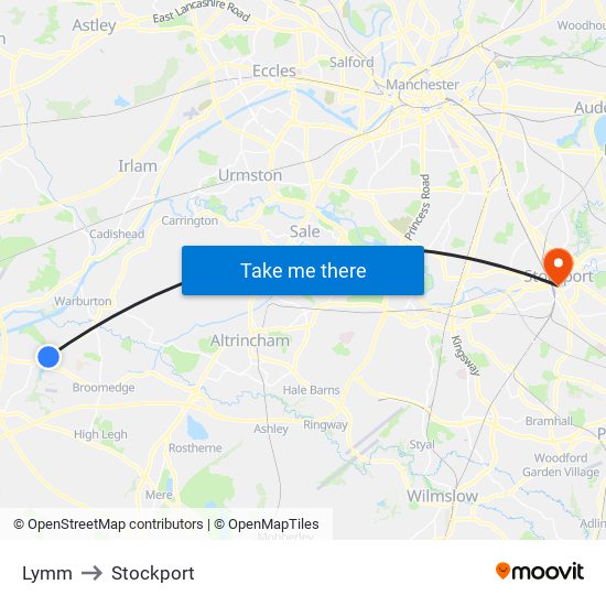 Lymm to Stockport map