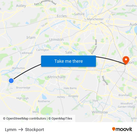 Lymm to Stockport map