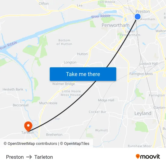 Preston to Tarleton map