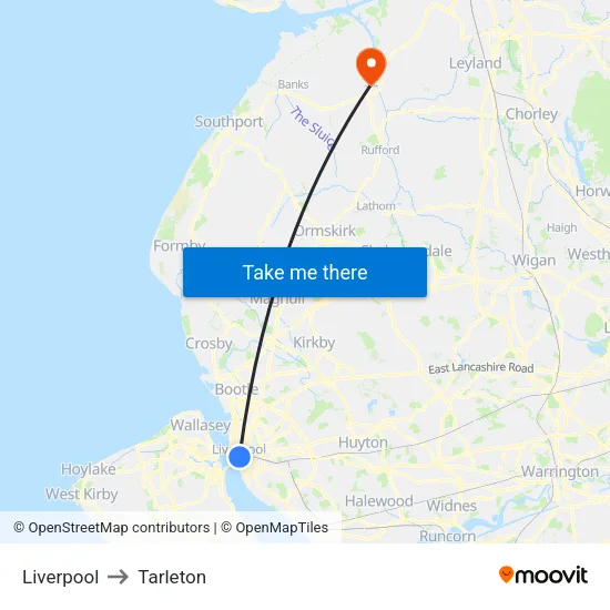 Liverpool to Tarleton map