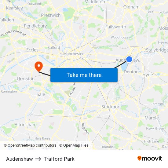 Audenshaw to Trafford Park map