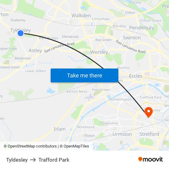 Tyldesley to Trafford Park map