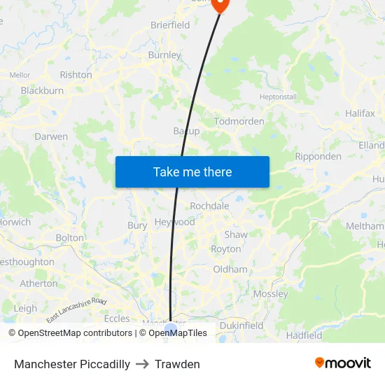Manchester Piccadilly to Trawden map